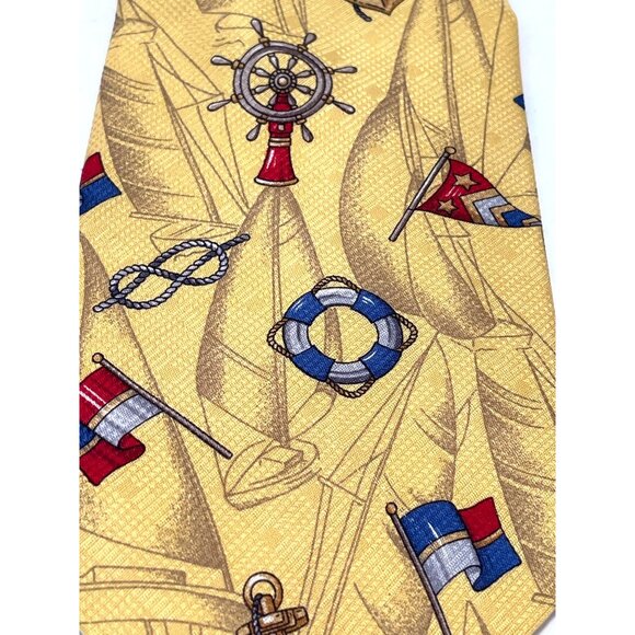 Evan-Picone Sport Nautical Yacht Club Yellow Tie 100% Silk Anchors Flags Men's - Picture 6 of 7